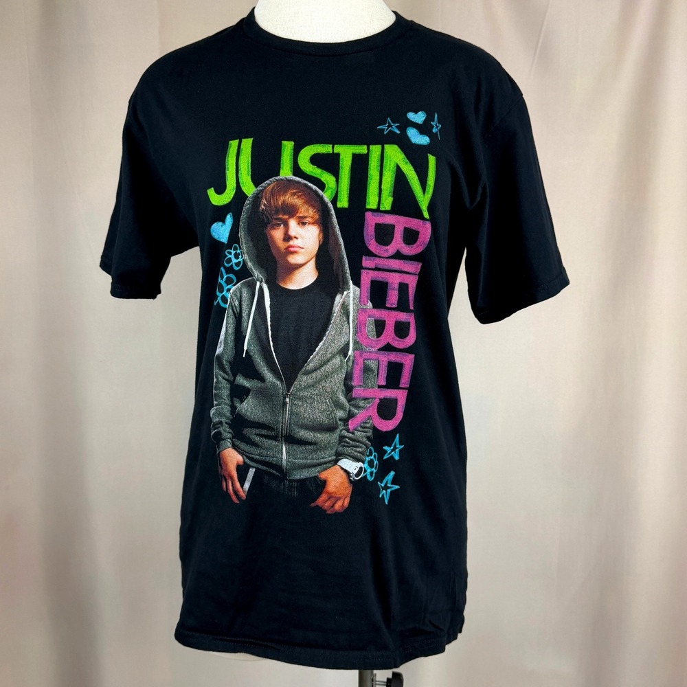 JUSTIN BEIBER Mens (M) T-Shirt Black Y2K Stars Hearts Early Young Coachella